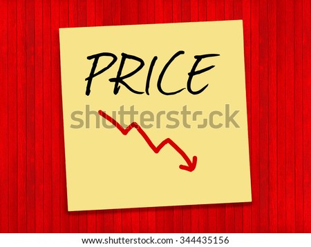 Price text with down arrow graph on yellow sticky note and red background