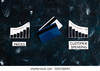 Prices Going Up And Consumer Spending Going Down Conceptual Image, Graphs Showing Positive And Negative Growth With Text And Payment Cards Next To Them