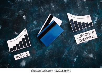 Prices Going Up And Consumer Spending Going Down Conceptual Image, Graphs Showing Positive And Negative Growth With Text And Payment Cards Next To Them