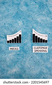 Prices Going Up And Consumer Spending Going Down Conceptual Image, Graphs Showing Positive And Negative Growth With Text