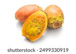 Prickly pear cactus, Opuntia edible fruit macro shot. Fresh tasty sweet exotic fruits. Opuntia ficus indica isolated on white background, close up