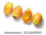 Prickly pear cactus, set of Opuntia edible fruit macro shot, isolated on white background. Whole and halved fresh tasty sweet exotic fruits macro shot. Opuntia ficus indica, top view, flat lay. 