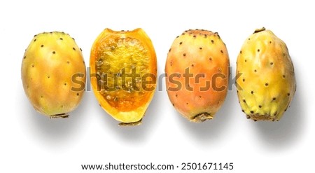 Prickly pear cactus, set of Opuntia edible fruit macro shot, isolated on white background. Whole and halved fresh tasty sweet exotic fruits macro shot. Opuntia ficus indica, top view, flat lay 