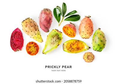 Prickly pear fruits creative layout isolated on white background. Healthy food and dieting concept. Tropical cactus fruit composition. Top view, flat lay