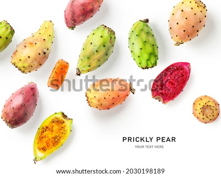 Prickly pear fruits creative layout isolated on white background. Healthy food and dieting concept. Tropical cactus fruit composition. Top view, flat lay
