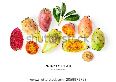 Prickly pear fruits creative layout isolated on white background. Healthy food and dieting concept. Tropical cactus fruit composition. Top view, flat lay
