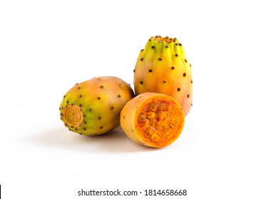 Prickly pears, healthy nopal cactus fruit, isolated on white background. One piece is cut in half, showing juicy inside.  - Shutterstock ID 1814658668