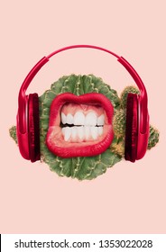 Prickly Sound. Specific Is Not Strange Music Taste. Green Juicy Cactus As A Meloman Head With Big Scratching And Creaking Mouth, Red Lips And Headphones. Modern Design. Contemporary Art Collage.