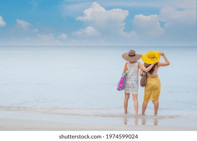 Pride And The LGBTQ Love Couple On Summer Beach. Bisexual And Homosexual Travel Together On Holiday.