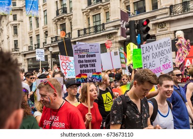 Pride In London Parade 2017 July 8 On Oxford Circus And Regent Street.   Series Of  Reportage Photo From Gay Parade. 