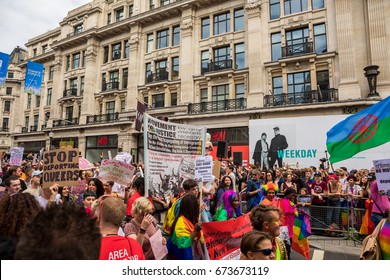 Pride In London Parade 2017 July 8 On Oxford Circus And Regent Street.   Series Of  Reportage Photo From Gay Parade. 