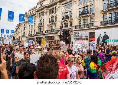 Pride In London Parade 2017 July 8 On Oxford Circus And Regent Street.   Series Of  Reportage Photo From Gay Parade. 