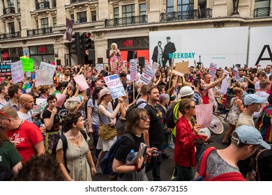 Pride In London Parade 2017 July 8 On Oxford Circus And Regent Street.   Series Of  Reportage Photo From Gay Parade. 