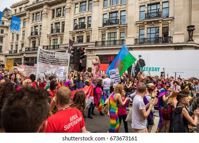 Pride In London Parade 2017 July 8 On Oxford Circus And Regent Street.   Series Of  Reportage Photo From Gay Parade. 