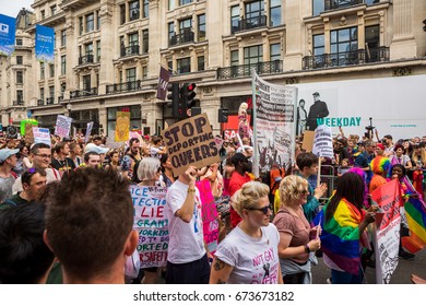 Pride In London Parade 2017 July 8 On Oxford Circus And Regent Street.   Series Of  Reportage Photo From Gay Parade. 