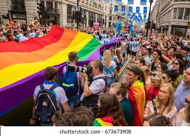 Pride In London Parade 2017 July 8 On Oxford Circus And Regent Street.   Series Of  Reportage Photo From Gay Parade. 