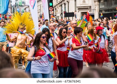 Pride In London Parade 2017 July 8 On Oxford Circus And Regent Street.   Series Of  Reportage Photo From Gay Parade. 