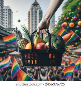 pride month Black plastic grocery basket full of healthy vegetables and fruits party in  bkk bilding Zoom in