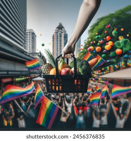 pride month Black plastic grocery basket full of healthy vegetables and fruits party in  bkk bilding Zoom in