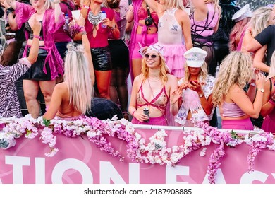 Pride Parade Of Lesbian, Gay, Bisexual, Transgender, Queer And Allies. Close Up LGBTQ People In Colorful Costumes Dancing, Smiling, Having Fun - Netherlands, Amsterdam, August 6, 2022.