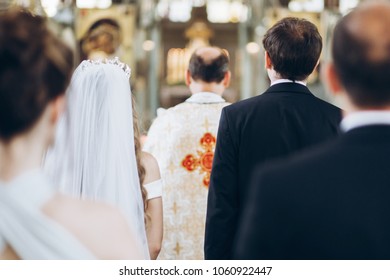 Priest Groom Bride Standing Church During Stock Photo 1060922447 ...