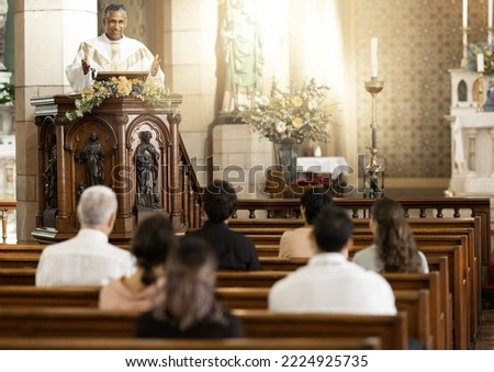 Priest, pastor and spiritual man in church sermon, prayer and speech to catholic people, worship and bible reading, praying or service. Christian preacher man, holy gospel and God, religion and faith ストックフォト © 