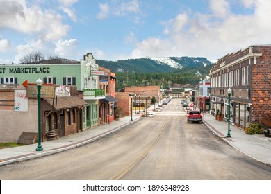 Priest River, Idaho USA - December 25 2020: The main street of historic Priest River, Idaho, in the Northwest of the United States at winter.