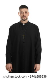 Priest Wearing Cassock With Clerical Collar On White Background