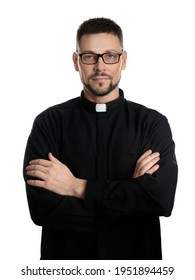 Priest Wearing Cassock With Clerical Collar On White Background