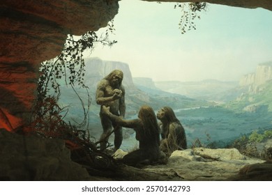 Primal tribe of ancient wild people animal skin and stone axes eating frying meat on bonfire staying in cave. Neanderthals. Ice age.