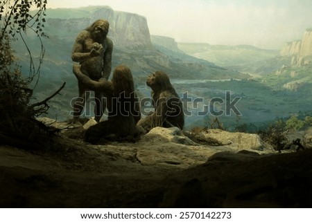 Primal tribe of ancient wild people animal skin and stone axes eating frying meat on bonfire staying in cave. Neanderthals. Ice age.