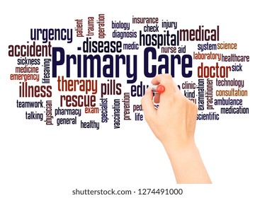 Primary Care Word Cloud Hand Writing Concept On White Background. 