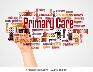 Primary Care Word Cloud And Hand With Marker Concept On White Background. 
