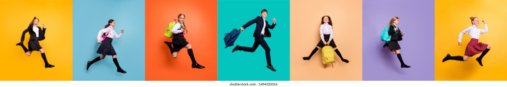 Primary elementary learning classes different age grade concept. Collage of seven funny funky positive cheerful active jump back to school kids love to get good marks isolated multicolored background - Shutterstock ID 1494333314