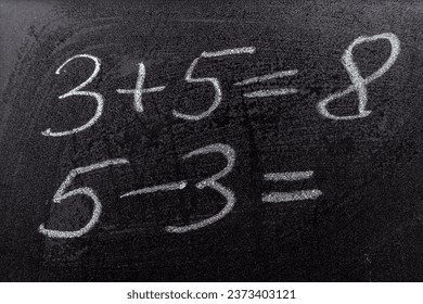 Primary math mathematical examples write on blackboard for kids. Education concept