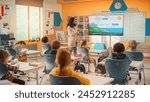 Primary School Children Learning Basic Information About Water Cycles: Geography Teacher Educating Smart Diverse Kids in a Modern Colorful Classroom. Schoolchildren Understanding Weather Factors