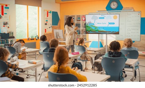 Primary School Children Learning Basic Information About Water Cycles: Geography Teacher Educating Smart Diverse Kids in a Modern Colorful Classroom. Schoolchildren Understanding Weather Factors - Powered by Shutterstock