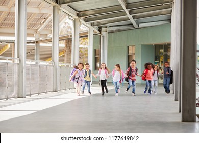 Primary School Kids Run Holding Hands In School Corridor