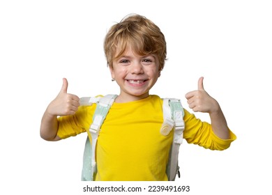 Primary school smiling boy girl PNG Isolated with backpack showing thumbs up. Copy space for advertising blank concept. Back to school. Childhood, education, products for children