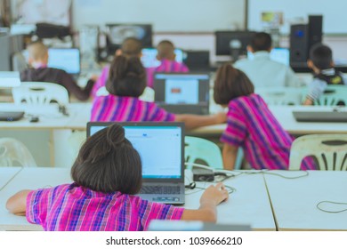 Primary Students are learning by computer.