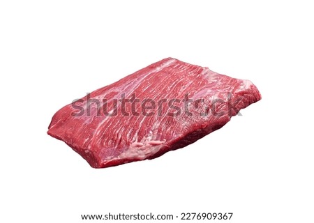 Prime choice flank steak, raw beef meat on marble board with herbs. Isolated on white background.