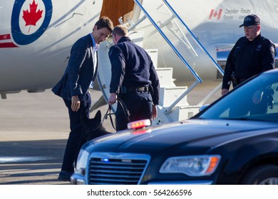 Prime Minister Justin Trudeau Greets Calgary Police Service Canine Unit Members At The Calgary International Airport As Part Of His Cross Country Tour On January 25, 2017