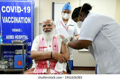 The Prime Minister, Shri Narendra Modi Takes Second Dose Of The COVID-19 Vaccine, At AIIMS, New Delhi On April 08, 2021