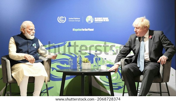 The Prime Minister, Shri Narendra Modi\
meeting with the Prime Minister of the United Kingdom, Mr. Boris\
Johnson, in Glasgow, Scotland on November 01,\
2021.