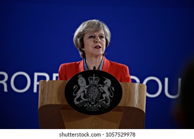 Prime minister of UK, Theresa May gives  a media conference at the conclusion of an EU leaders summit to discuss Syria, relations with Russia, trade and migration in Brussels on Oct. 21, 2016.