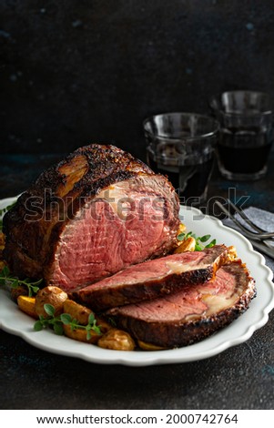 Prime rib boneless beef roast sliced for a holiday or celebration dinner