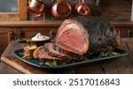 Prime Rib Roast: Juicy, slow-roasted prime rib with a perfect crust, served medium-rare with a side of creamy horseradish sauce and au jus.