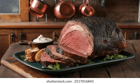 Prime Rib Roast: Juicy, slow-roasted prime rib with a perfect crust, served medium-rare with a side of creamy horseradish sauce and au jus. - Powered by Shutterstock