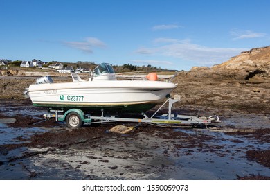 Primelin – France, October 29, 2018 : Cap Camarat boat on a boat trailer to get out of the harbor