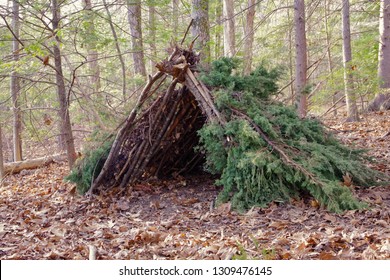 Primitive Bushcraft survival debris hut with campfire ring outside. Blanket, shelter, fire in the forest. - Shutterstock ID 1309476145